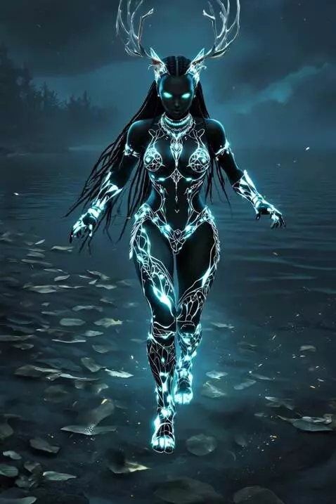 AI Video from prompt: She emerges from the water and stands on the sho