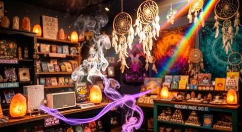AI Video from prompt: A vibrant, eccentric metaphysical gift shop brim