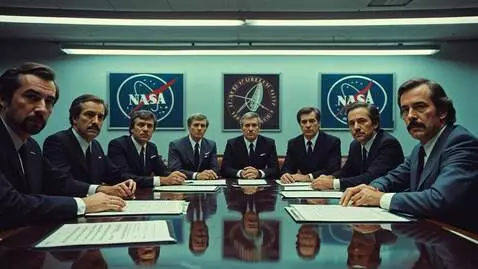 AI Video from prompt: "Wide shot of 1970s NASA boardroom meeting, eigh