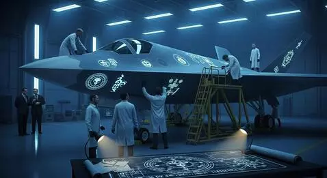 AI Video from prompt: "Wide shot classified aircraft hangar, camera sl