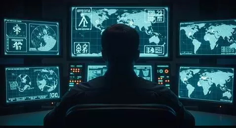 AI Video from prompt: Over-shoulder shot of shadowy figure monitoring 