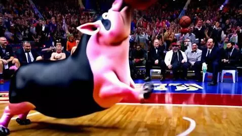 AI Video from prompt: A pig dunking a basketball on Donald trump in a 