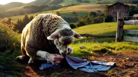 AI Video from prompt: A sheep sewing a shirt on a farm