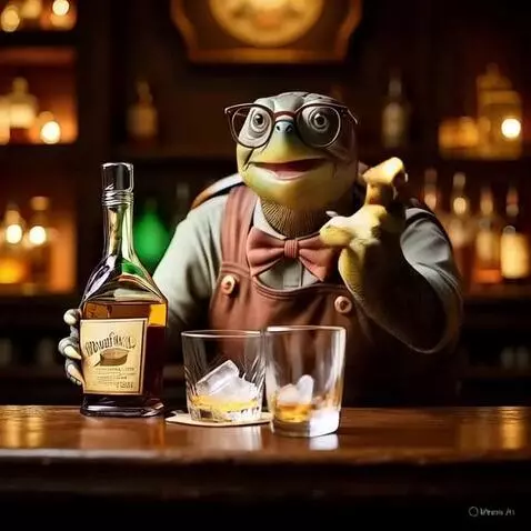 AI Video from prompt: The turtle finishes pouring his whiskey, picks u