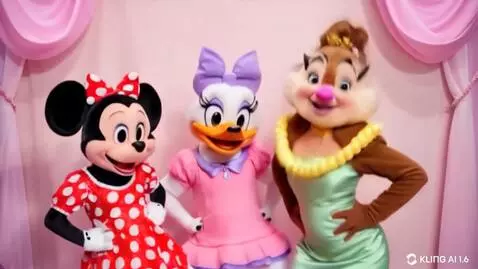 AI Video from prompt: three disneyland characters, open hands on hips,