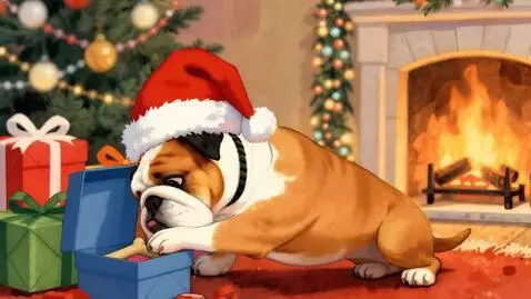 AI Video from prompt: The fire burns in the fireplace. A dog uses its 