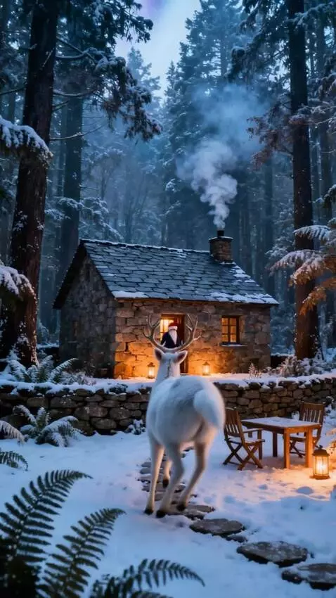 AI Video from prompt: A magical winter scene at dawn. A majestic white
