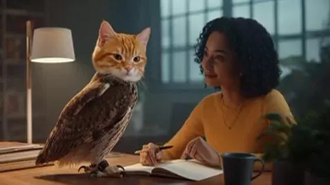 AI Video from prompt: Lemon is sitting at a desk with an owl that has 