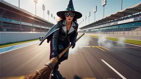 AI Video from prompt: A witch flies on a broomstick on a Formula 1 tra