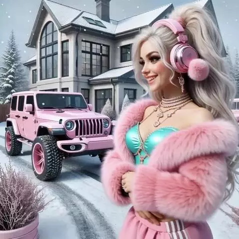 AI Video from prompt: The Girl smiles, listens to music and walks to t