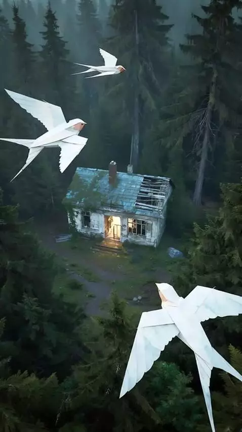 AI Video from prompt: In a quaint village setting, paper swallows grac