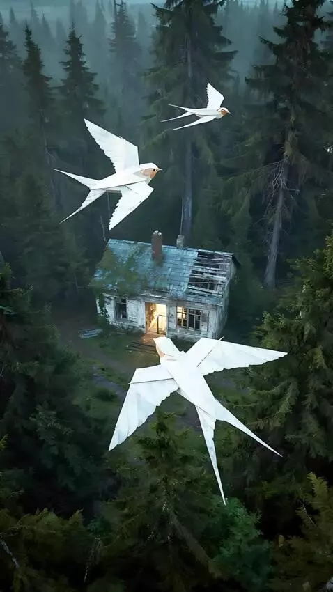 AI Video from prompt: In a quaint village setting, paper swallows are 