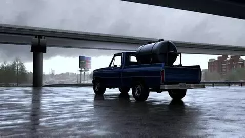 AI Video from prompt: a dark blue pickup truck with a dark gray tank o