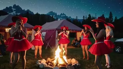 AI Video from prompt: Cowgirls singing a full song around a large camp