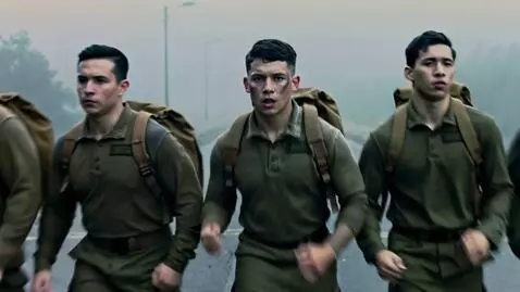 AI Video from prompt: Single continuous cinematic shot, U.S. Army basi