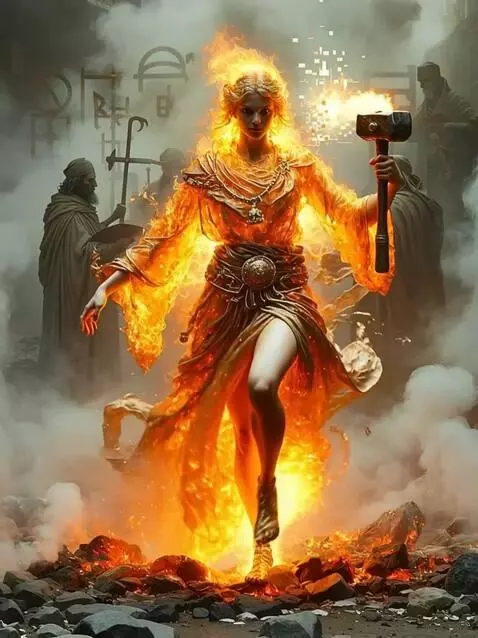 AI Video from prompt: Brighid the goddess of fire walks forward brandi
