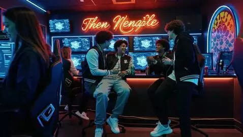 AI Video from prompt: *1. “The Neon Café”* Theme: Friendship Begins A 