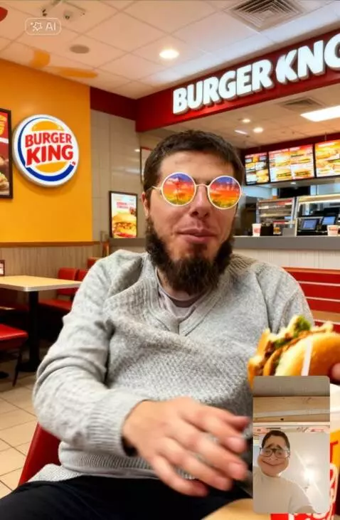 AI Video from prompt: I want him to have a burger and juice