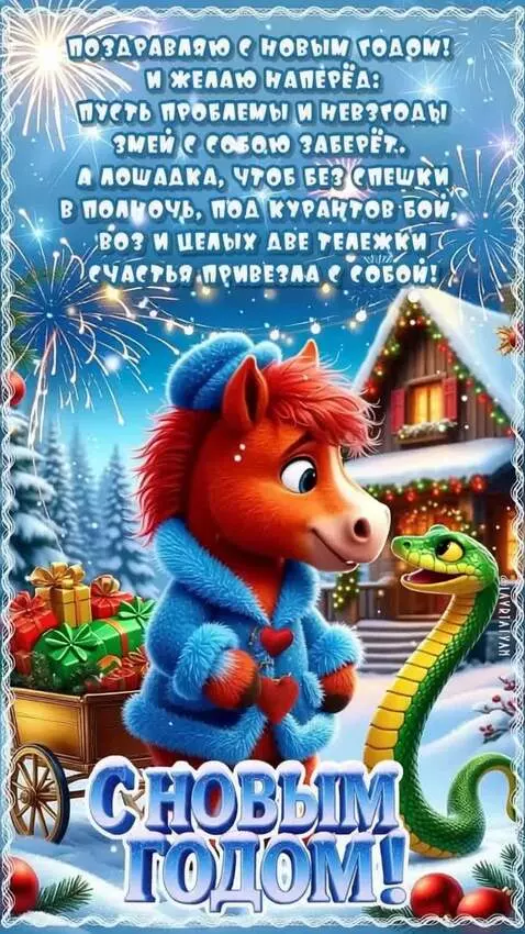 AI Video from prompt: The Horse and the Snake look at each other, smil