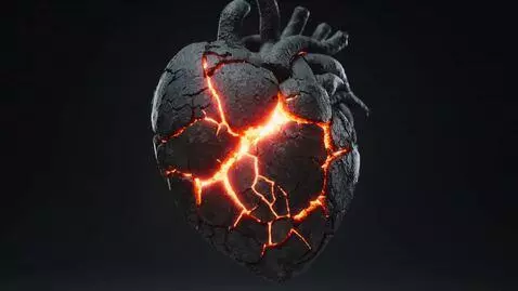 AI Video from prompt: A human heart sculpted from ash, glowing with cr