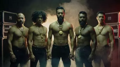 AI Video from prompt: Cinematic reggae group video in a dark sound sys