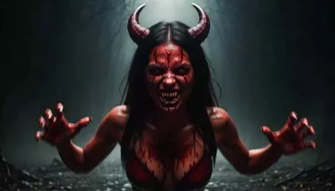 AI Video from prompt: The demon girl jumps angrily onto the screen.