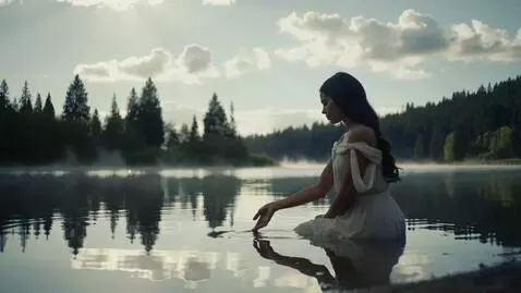 AI Video from prompt: A young woman sits on the shore of a lake, gazin