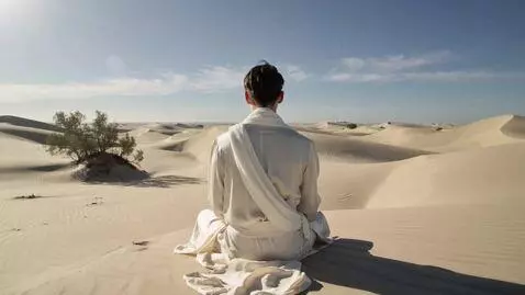 AI Video from prompt: A young man sits on the top of a desert dune in 