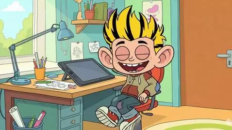 AI Video from prompt: Make him sit on a chair and swing his arms up an