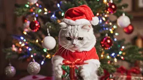 AI Video from prompt: A cute fluffy cat wearing a Santa Claus costume,