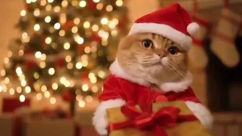 AI Video from prompt: A cute, joyful cat wearing a Santa Claus costume