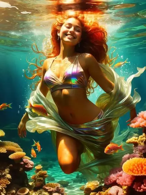 AI Video from prompt: The girl smiles, turns her head, opens and close