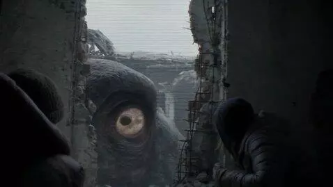 AI Video from prompt: The terrible head of an anthropomorphic giant mo