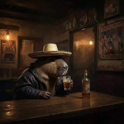 AI Video from prompt: Capybara sips from a glass, then takes coins out