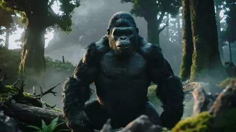 AI Video from prompt: In slow motion, the camera tracks a giant gorill