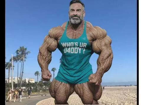 AI Video from prompt: a massive pro bodybuilder flexes one bicep then 