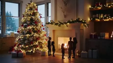 AI Video from prompt: Cinematic Christmas scene, warm golden lighting,