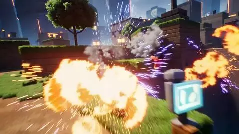AI Video from prompt: High-energy Roblox universe cinematic, blocky Ro