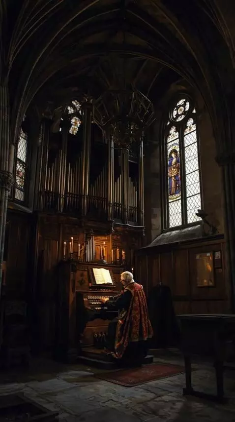 AI Video from prompt: An elderly musician in rich medieval clothing pl