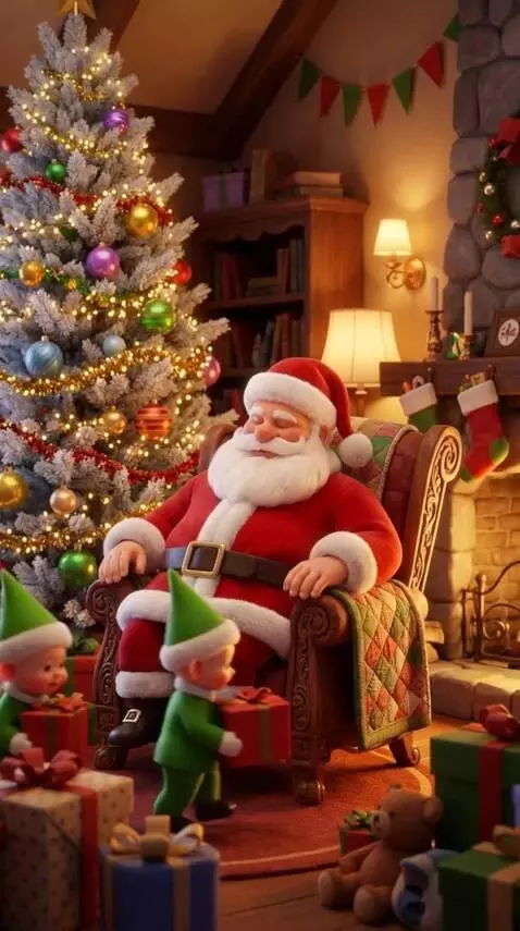 AI Video from prompt: Santa Claus with a kind face, sitting in a large