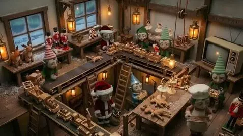 AI Video from prompt: Elves in a sad Santa's workshop constructing toy