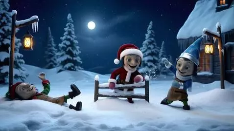 AI Video from prompt: Joyful, playful scene outside Santa's cozy woode