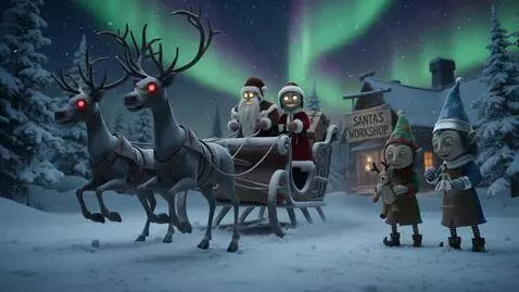 AI Video from prompt: A dark, eerie winter night scene outside Santa's
