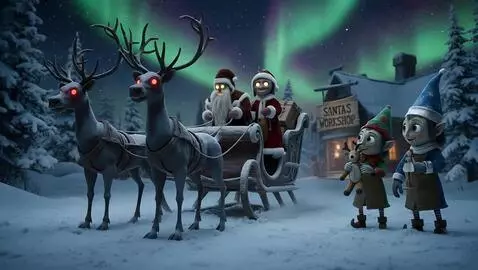 AI Video from prompt: A dark, eerie winter night scene outside Santa's