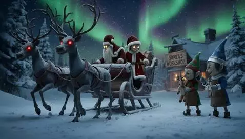 AI Video from prompt: A dark, eerie winter night scene outside Santa's