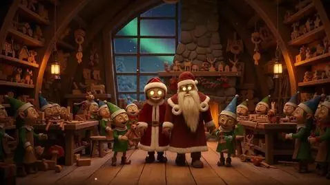AI Video from prompt: A warm, enchanting interior of Santa's large woo