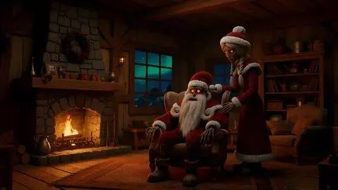 AI Video from prompt: A quiet, dimly lit cozy room inside Santa's wood