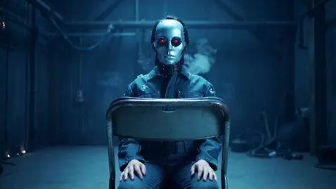 AI Video from prompt: Terminator-faced girl sits on a chair back view