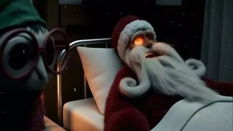 AI Video from prompt: A somber, dimly lit bedroom inside Santa's cabin