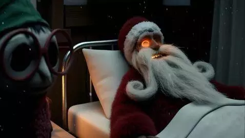 AI Video from prompt: A somber, dimly lit bedroom inside Santa's cabin